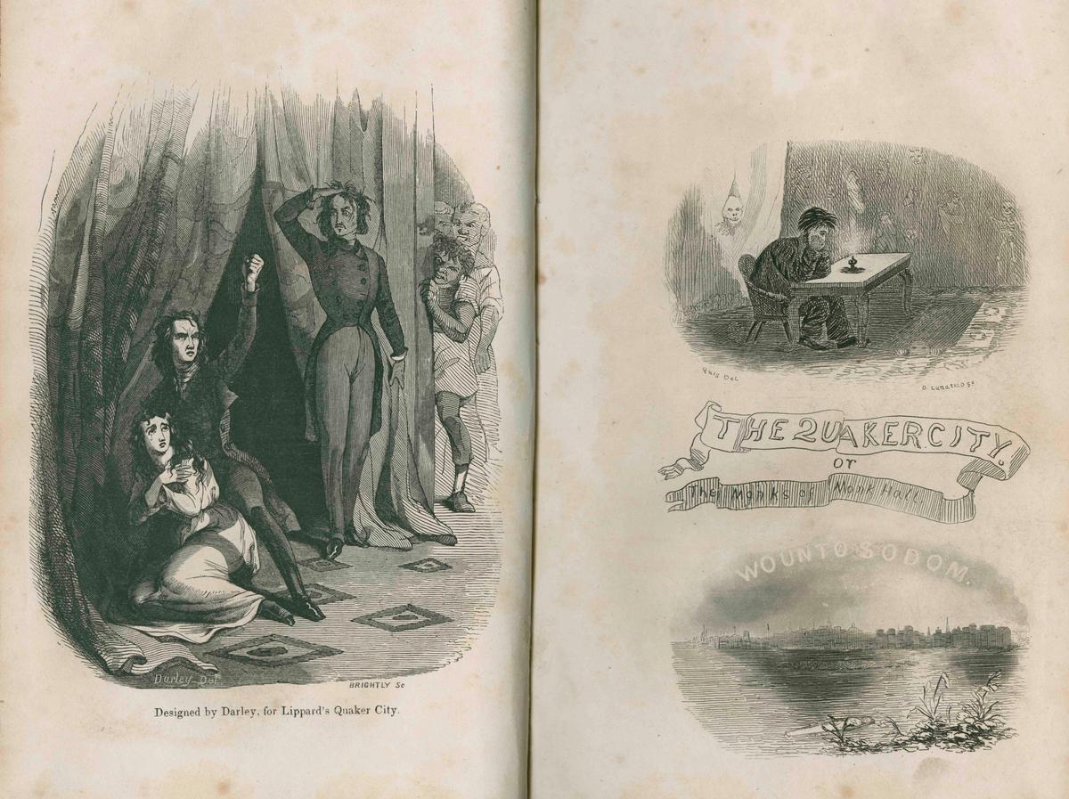 The illustrated frontispiece from "The Quaker City" (also known as "Monks of Monk-Hall"), 1845, by George Lippard. Internet Archive. (Public Domain)