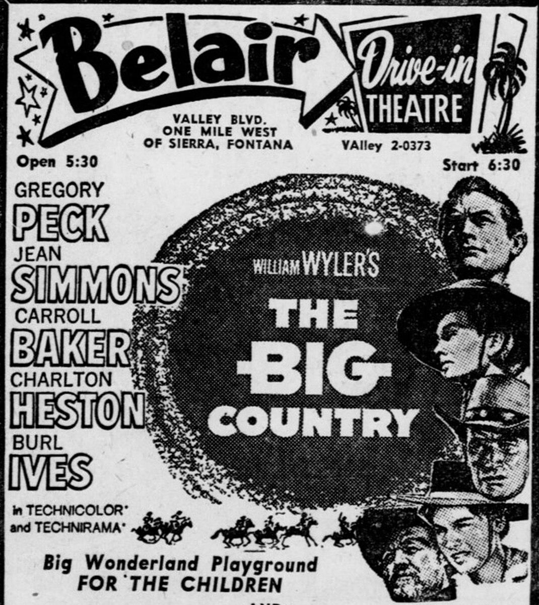 A drive-in movie advertisement poster, for "The Big Country." (Public Domain)