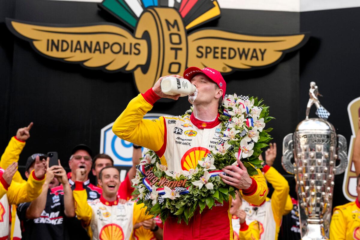 Josef Newgarden celebrates after winning the Indianapolis 500 auto race at Indianapolis Motor Speedway in Indianapolis on May 26, 2024. (Michael Conroy/AP Photo)