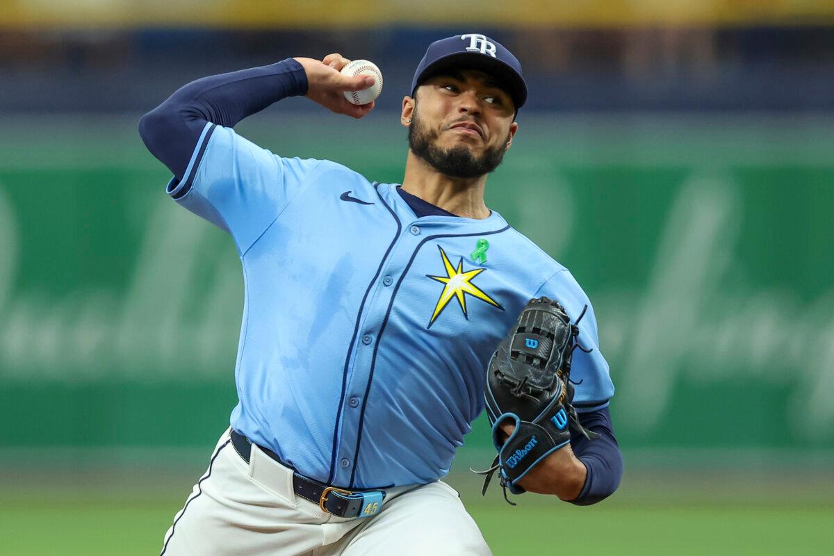 Tampa Bay Rays starting pitcher Taj Bradley throws against the Kansas City Royals during the first inning of a baseball game in St. Petersburg, Fla., on May 26, 2024. (Mike Carlson/AP Photo)
