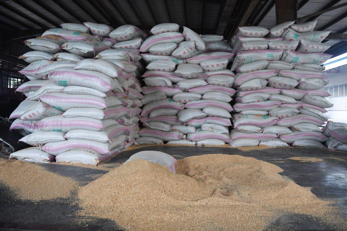This photo taken on July 19, 2018 shows Sacks of animal feed made from soybeans at the Hopefull Grain and Oil Group in Sanhe, in China's northern Hebei province on July 19, 2018. (Greg Baker/AFP via Getty Images)