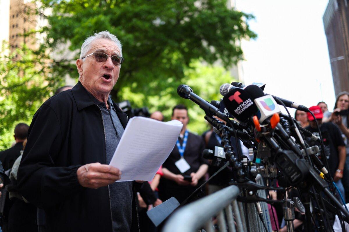 Actor Robert De Niro speaks in support of President Joe Biden outside of Manhattan Criminal Court as former President and Republican presidential candidate Donald Trump attends his criminal trial in New York on May 28, 2024. (Charly Triballeau/AFP via Getty Images)