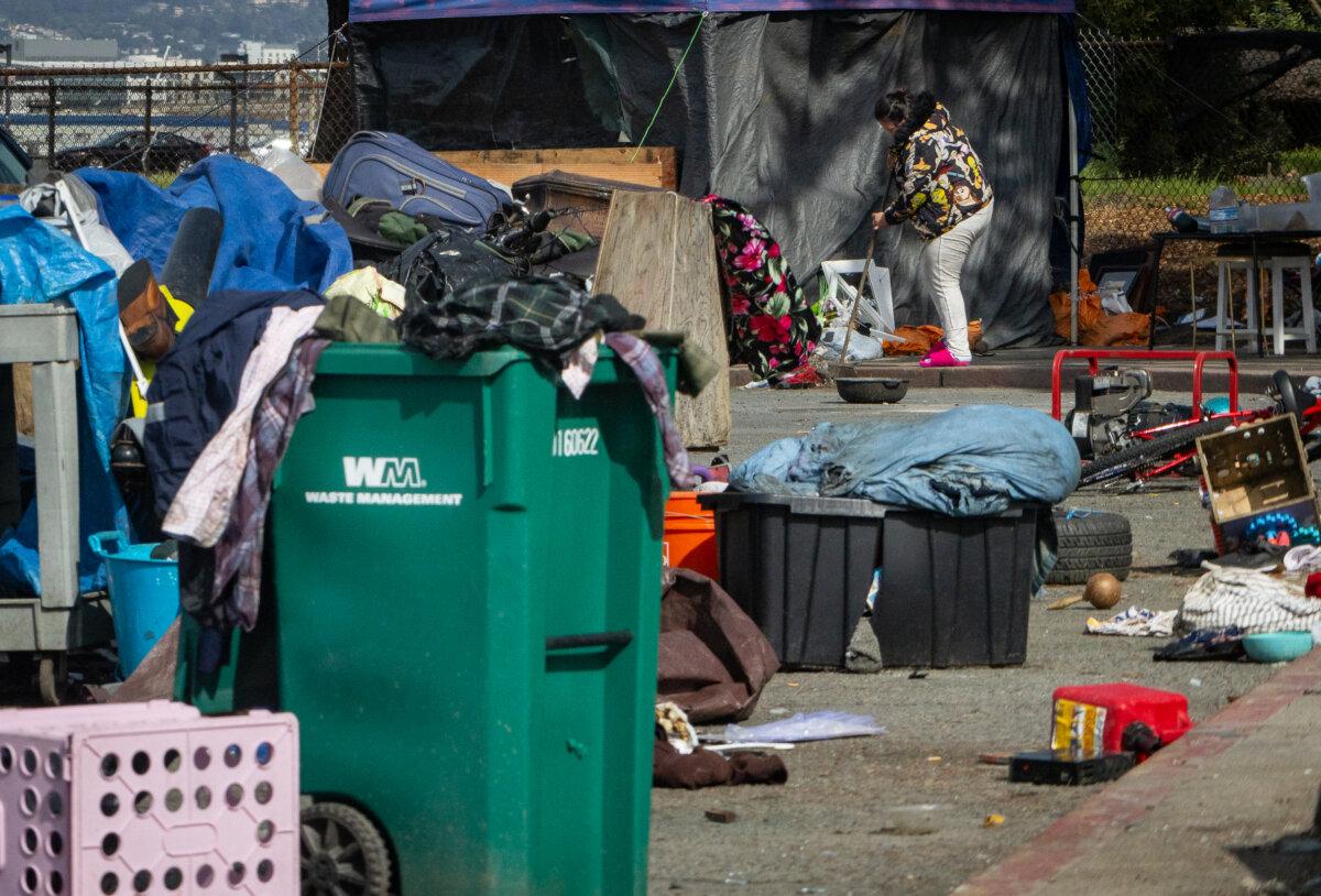 A homeless encampment in Oakland, Calif., on March 25, 2024. (John Fredricks/The Epoch Times)