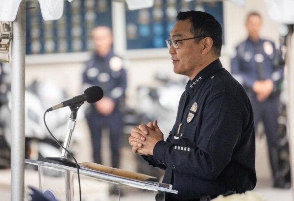 Interim Los Angeles Police Department Chief Dominic Choi speaks at LAPD Headquarters in Los Angeles, Calif., on May 28, 2024. (John Fredricks/The Epoch Times)