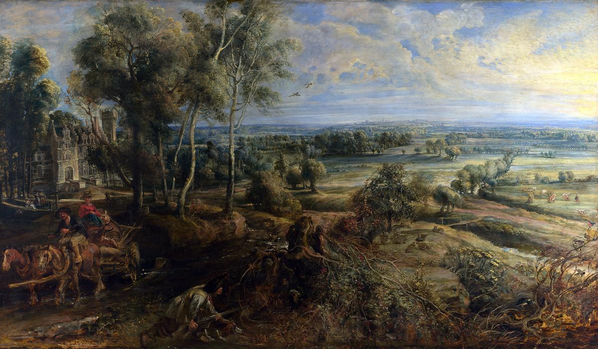 彼得‧保羅‧魯本斯(Peter Paul Rubens)的《海特‧斯蒂恩清晨景色》(A View of Het Steen in the Early Morning),約1636年。面板油彩;131.2 cm × 229.2 cm。倫敦國家美術館。(公有領域)