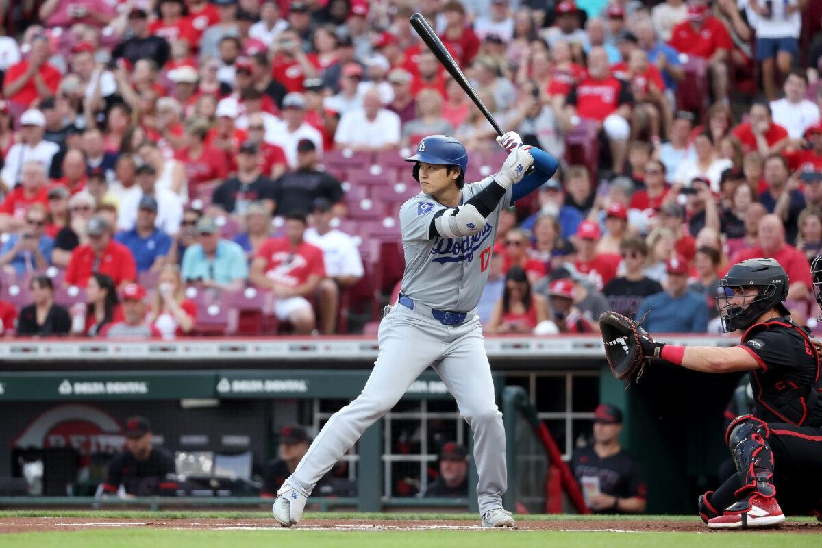 Shohei Ohtani #17 of the Los Angeles Dodgers bats during the first inning of the game against the Cincinnati Reds at Great American Ball Park in Cincinnati, Ohio, on May 24, 2024. (Kirk Irwin/Getty Images)