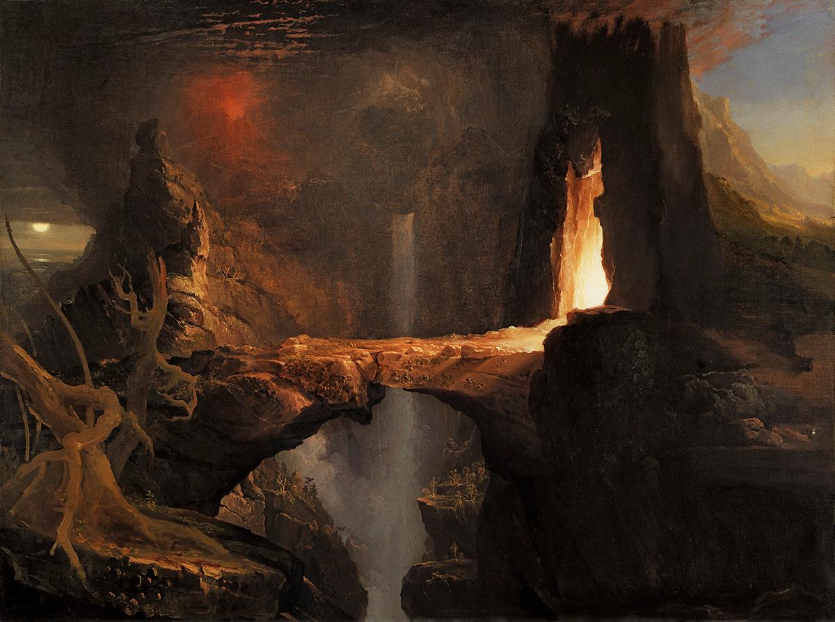 在托爾金(Tolkien)的《王者再臨》(The Return of the King)中,佛羅多(Frodo)和山姆(Sam)為了摧毀魔戒而深入荒蕪的魔域「魔多」(Mordor)。《驅逐:月亮與火光》(Expulsion. Moon and Firelight),托馬斯‧科爾(Thomas Cole)約於1828年創作。(公共領域)