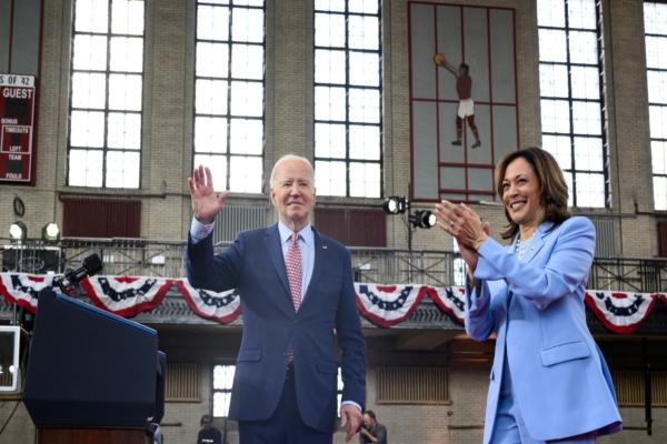 US President Joe Biden (L) and Vice President Kamala Harris (R) gesture during a campaign event in Philadelphia, on May 29, 2024. (Mandel Ngan/via Getty Images)