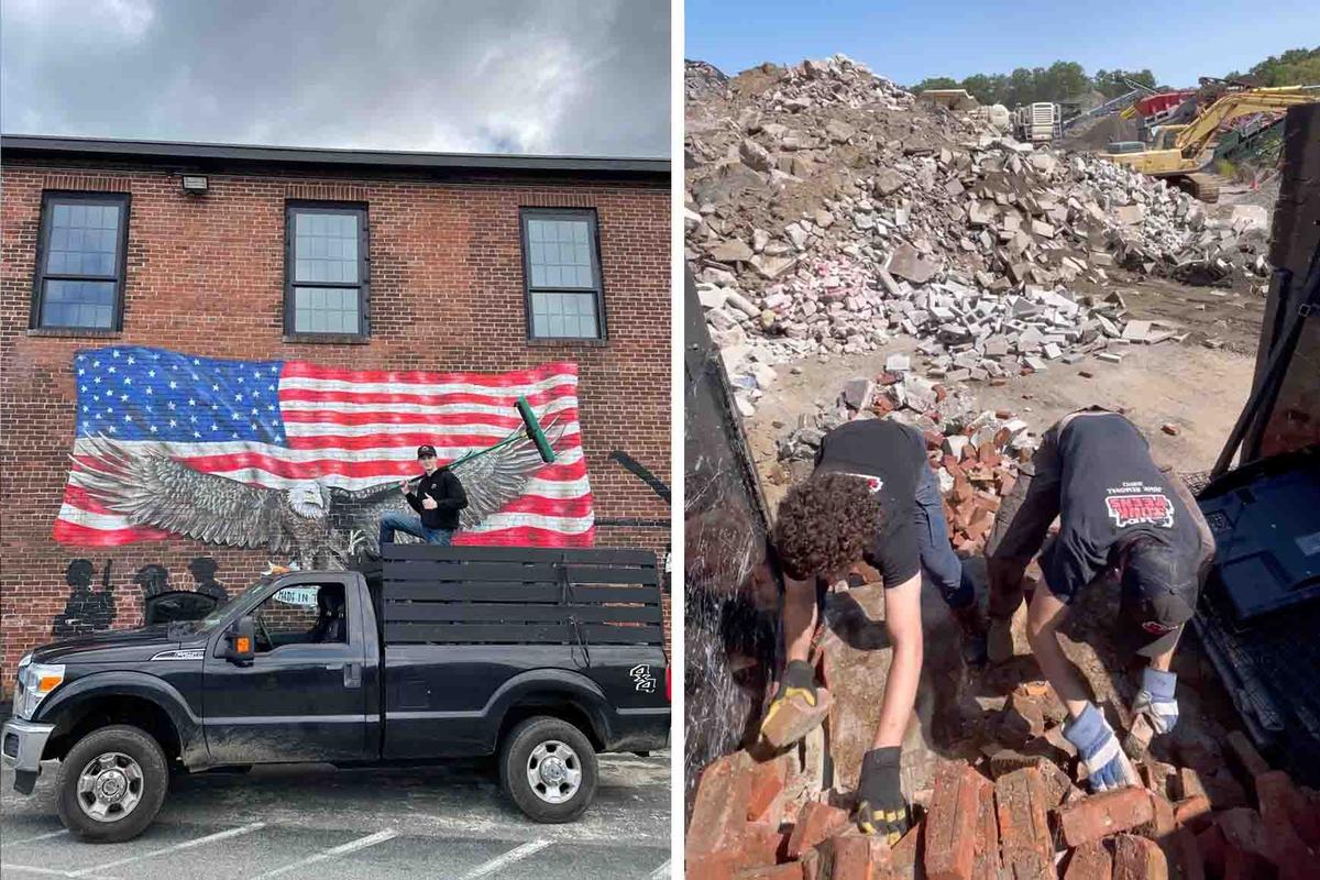 (Left) Mr. Jacob McKinney, 18, stands in the brothers' first pickup; (Right) Unloading junk at the junkyard. (Courtesy of <a href=https://www.theepochtimes.com/bright/