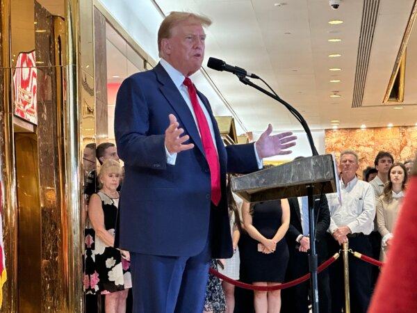 Former President Donald Trump speaks at a press conference after his conviction at Trump Tower in Manhattan, N.Y., on May 31, 2024. (Juliette Fairley/The Epoch Times)