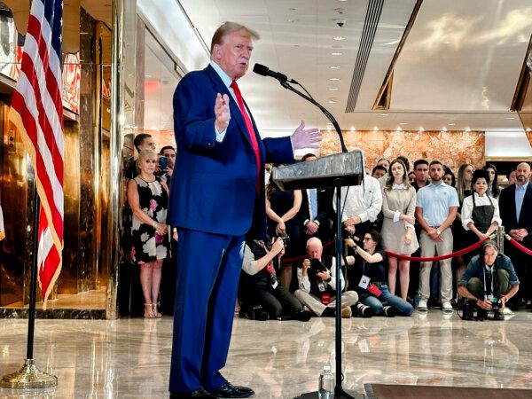Former President Donald Trump speaks to media at Trump Tower, a day after he was found guilty on all 34 felony counts, in New York City on May 31, 2024. (Juliette Fairley/The Epoch Times)