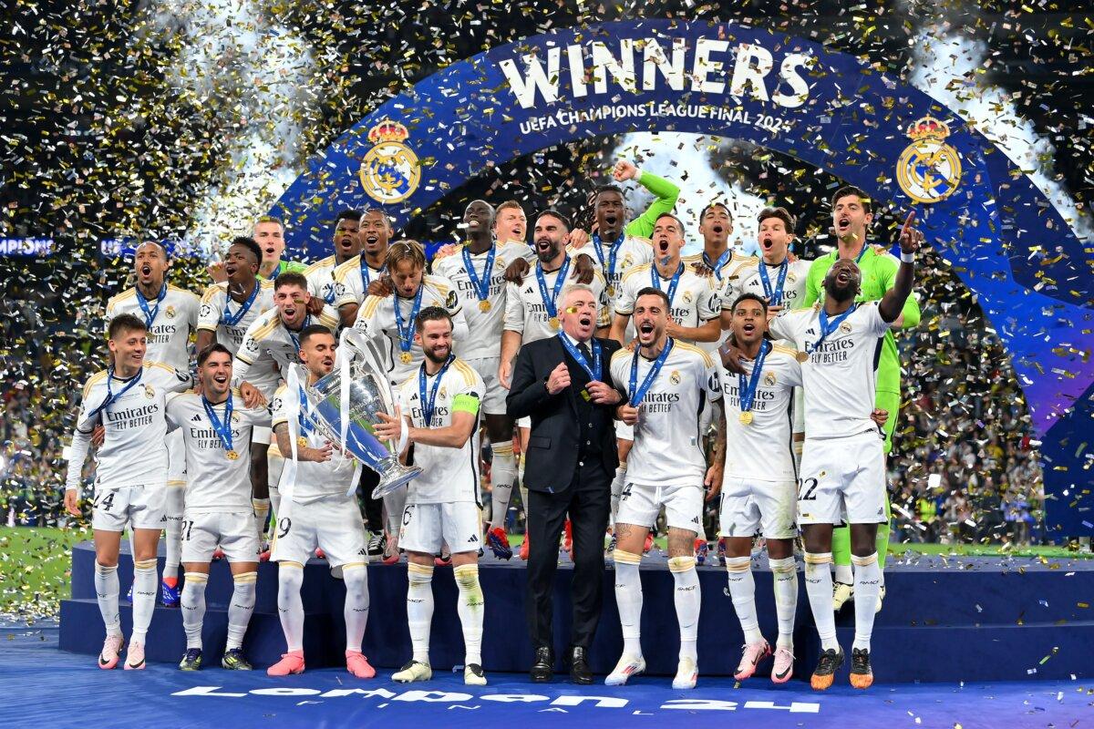 Real Madrid celebrate winning the UEFA Champions League final at Wembley Stadium in London on June 1, 2024. (Justin Setterfield/Getty Images)
