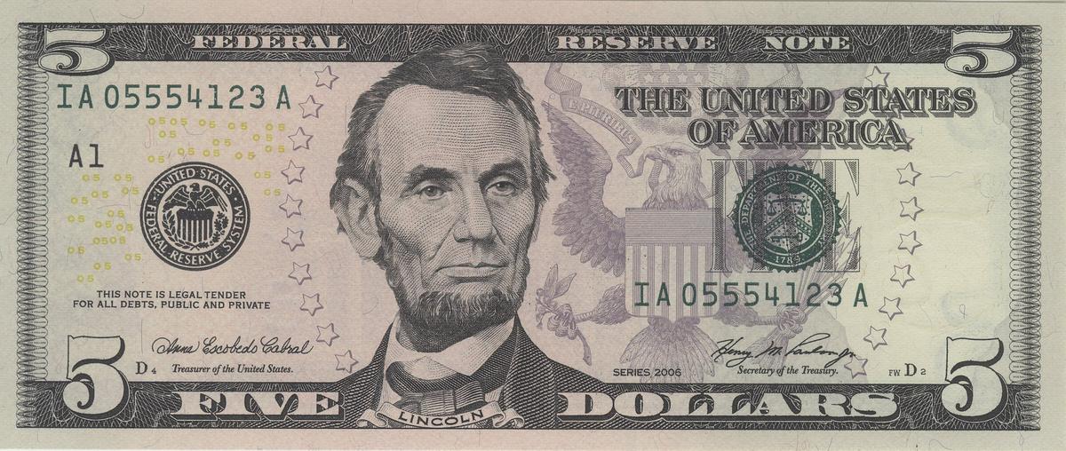 Fancy serial numbers or dollar bills can fetch big money from collectors. (<a href="https://commons.wikimedia.org/wiki/File:US-Series-2006G-$5-obverse.jpg">Public Domain</a>)