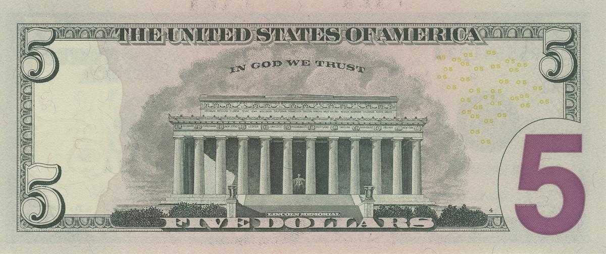 A 1988 $5 bill with a serial number of solid 8s fetched $2,040, according to Shaun, also known as Blueridgesilverhound. (<a href="https://commons.wikimedia.org/wiki/File:US-Series-2006G-$5-reverse.jpg">Public Domain</a>)