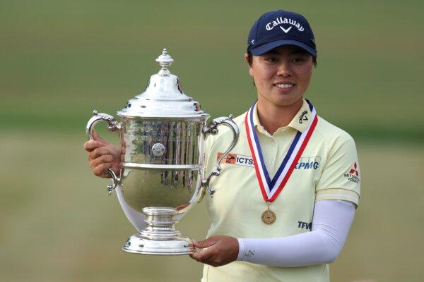 Yuka Saso of Japan poses for a photograph with the Harton S. Semple trophy following the final round of the U.S. Women's Open Presented in Lancaster, Penn., on June 2, 2024. (Patrick Smith/Getty Images)
