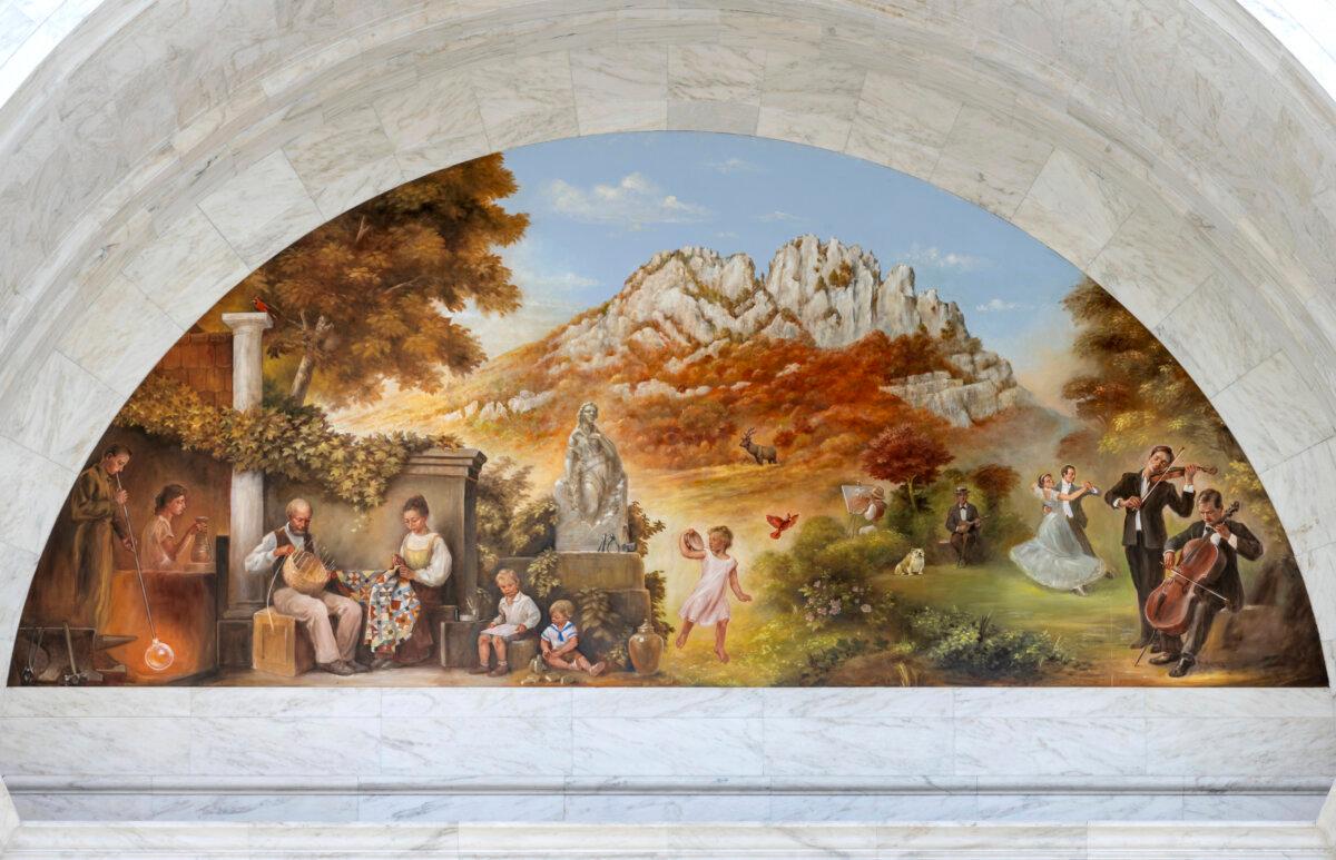 West Virginia Gov. Jim Justice's English Bulldog, Babydog, depicted in a new mural unveiled at the West Virginia Capitol in Charleston, W.Va., on June 20, 2024. (Perry Bennett/West Virginia Legislature via AP)