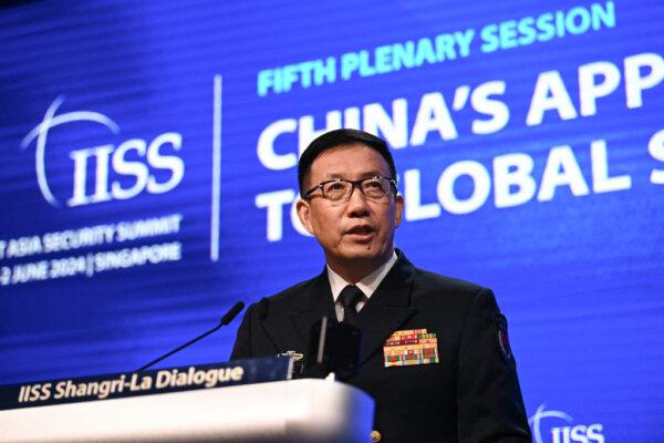 China's Defence Minister Dong Jun speaks during the 21st Shangri-La Dialogue summit at the Shangri-La Hotel in Singapore on June 2, 2024. (Photo by Nhac Nguyen/AFP via Getty Images)
