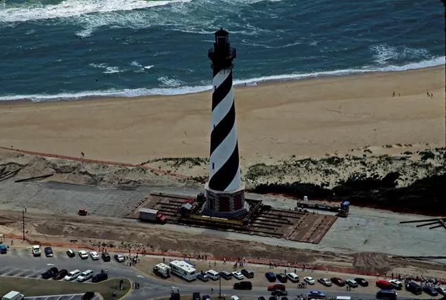 Moving the Cape Hatteras lighthouse was a labor-intensive event that took 23 days and teams of engineers, technicians, and skilled workers. (Deena Bouknight)