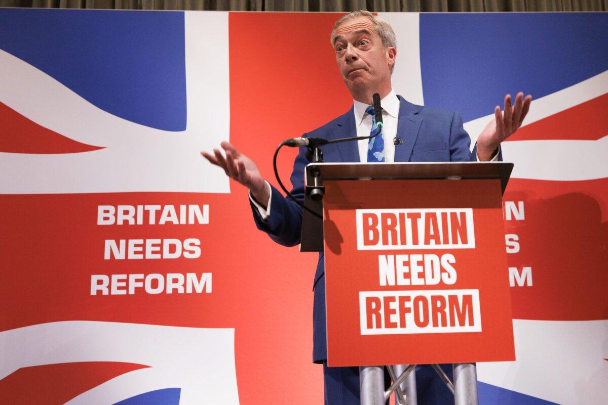 New Reform UK leader Nigel Farage announces that he will stand during the upcoming general election during a press conference in London on June 3, 2024. (Dan Kitwood/Getty Images)