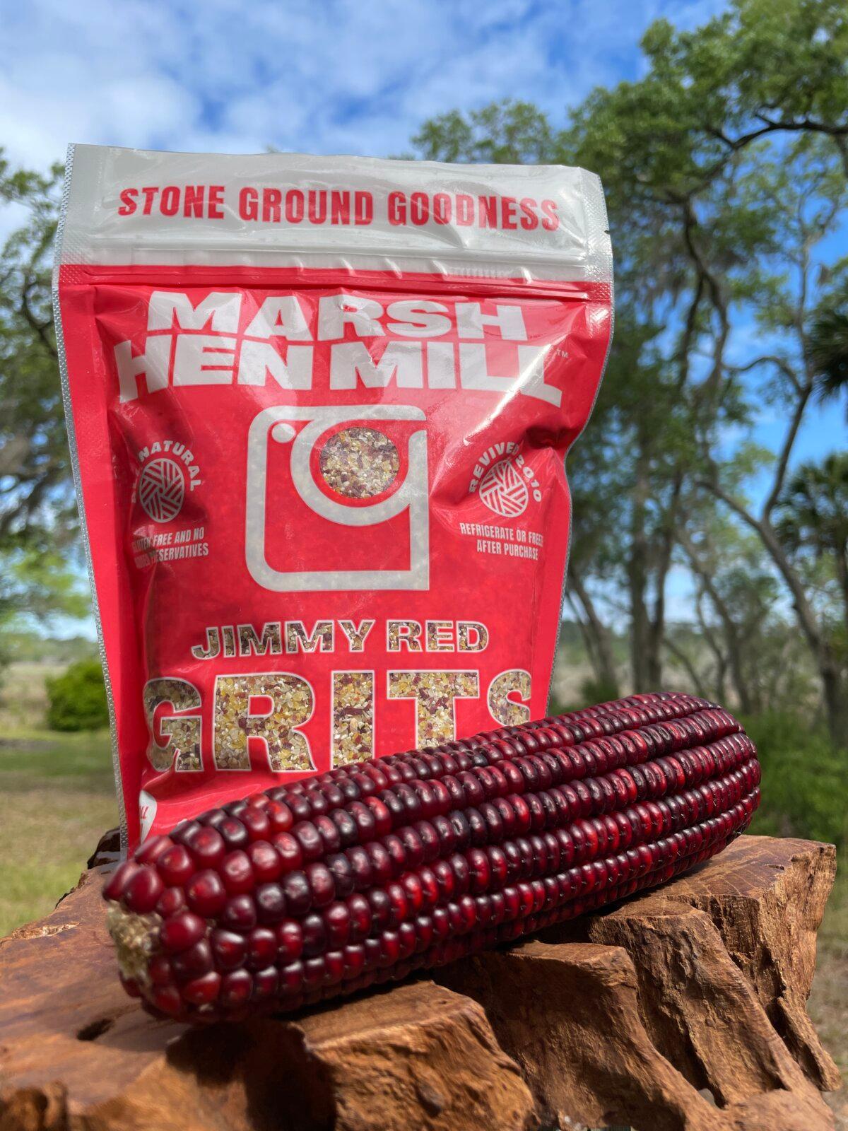 Jimmy red corn, an heirloom variety, and grits as processed by Mr. Johnsman's Marsh Hen Mill. (Bard Prochaska)