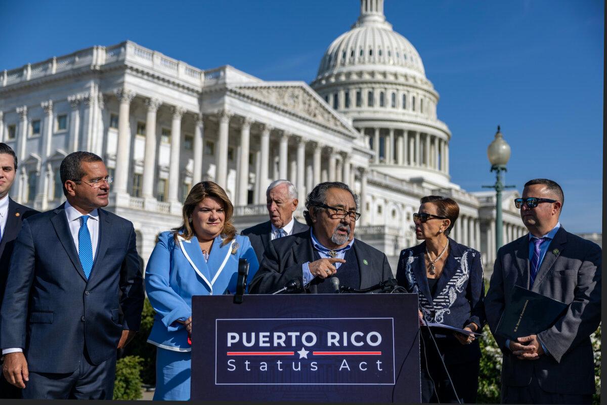 Rep. Raul Grijalva (D-Ariz.) speaks at a news conference at the U.S. Capitol in Washington on April 20, 2023. (Tasos Katopodis/Getty Images)