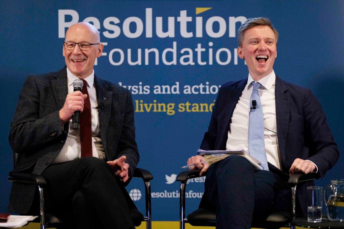 Former Deputy First Minister and one-time SNP leader John Swinney (L) speaks at the Resolution Foundation hosted by Torsten Bell (R) in London on April 29, 2024. (Belinda Jiao/Getty Images)