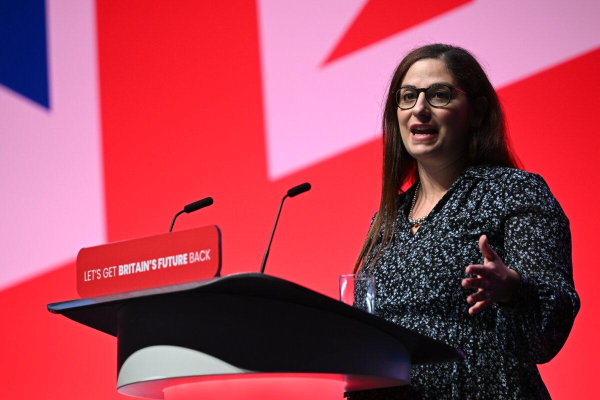 Nesil Caliskan, Labour council leader for London Borough of Enfield, delivers a speech to party delegates on day two of the Labour Party conference in Liverpool, England, on Oct. 9, 2023. (Leon Neal/Getty Images)