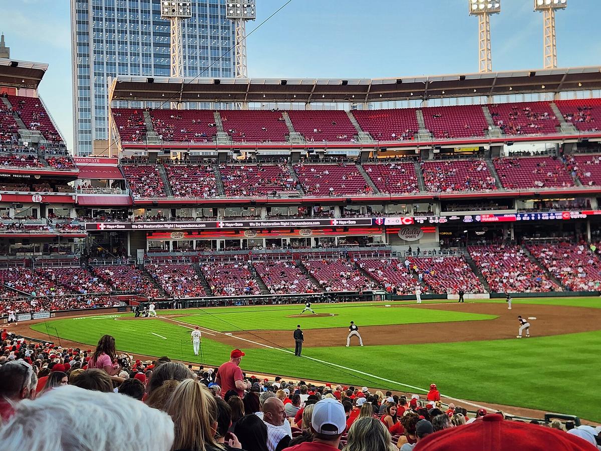 The Cincinnati Reds play a baseball game at the Great American Ball Park, located at 100 Joe Nuxhall Way. (<a href="https://commons.wikimedia.org/w/index.php?title=User:Bpluke01&action=edit&redlink=1">Bpluke01</a>/<a href="https://creativecommons.org/licenses/by-sa/4.0/deed.en">CC BY-SA 4.0</a>)