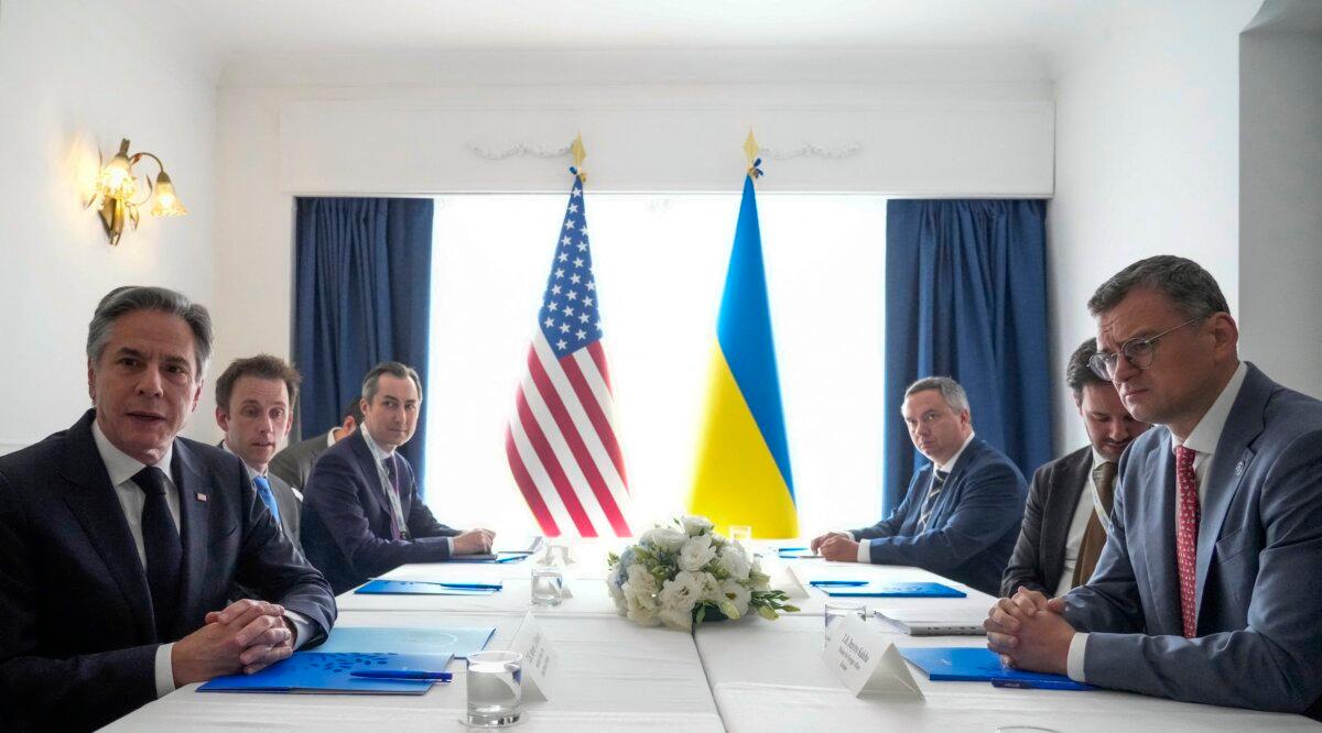 U.S. Secretary of State Antony Blinken (L) and Ukraine's Foreign Minister Dmytro Kuleba (R) attend a bilateral meeting on the sidelines of the G7 Foreign Ministers meeting on Capri Island, on April 18, 2024. (Gregorio Borgia/AFP via Getty Images)