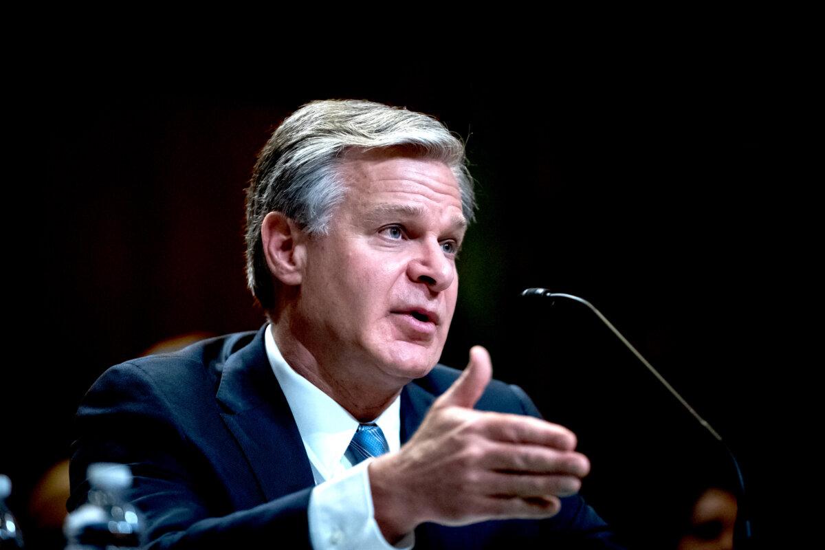 FBI Director Christopher Wray, testifies about the bureau’s budgetary needs during a Senate Appropriations Committee hearing in Washington on June 4, 2024. (Allison Bailey/Middle East Images via AFP via Getty Images)