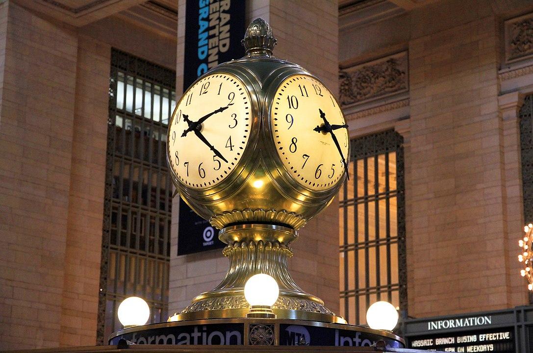 Besides the famous exterior stained-glass clock visible from 42nd Street in Manhattan, the Ball Clock is what most first see inside Grand Central Terminal’s Main Concourse. Self Winding Clock Co. of Brooklyn, N.Y., originally crafted the brass four-sided clock with an acorn-top design, and it was installed over the information desk in 1913. The face is made of opal glass, a translucent alternative to porcelain, and made by adding bone ash and tin dioxide during the glass-firing process. (<a href="https://commons.wikimedia.org/wiki/User:Ingfbruno">Ingfbruno</a>/<a href="https://creativecommons.org/licenses/by-sa/3.0">CC BY-SA 3.0</a>)
