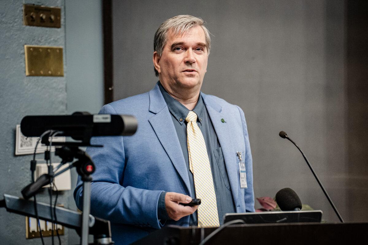 Dr. Torsten Trey, founder and director of Doctors Against Forced Organ Harvesting, at an event on forced organ harvesting at Harvard University in Boston on March 7, 2024. (Samira Bouaou/The Epoch Times)
