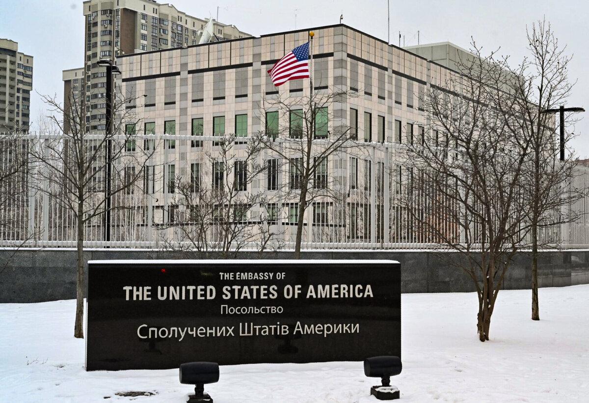 The U.S. Embassy building in Kyiv, Ukraine, on Jan. 24, 2022. (Sergei Supinsky/AFP via Getty Images)