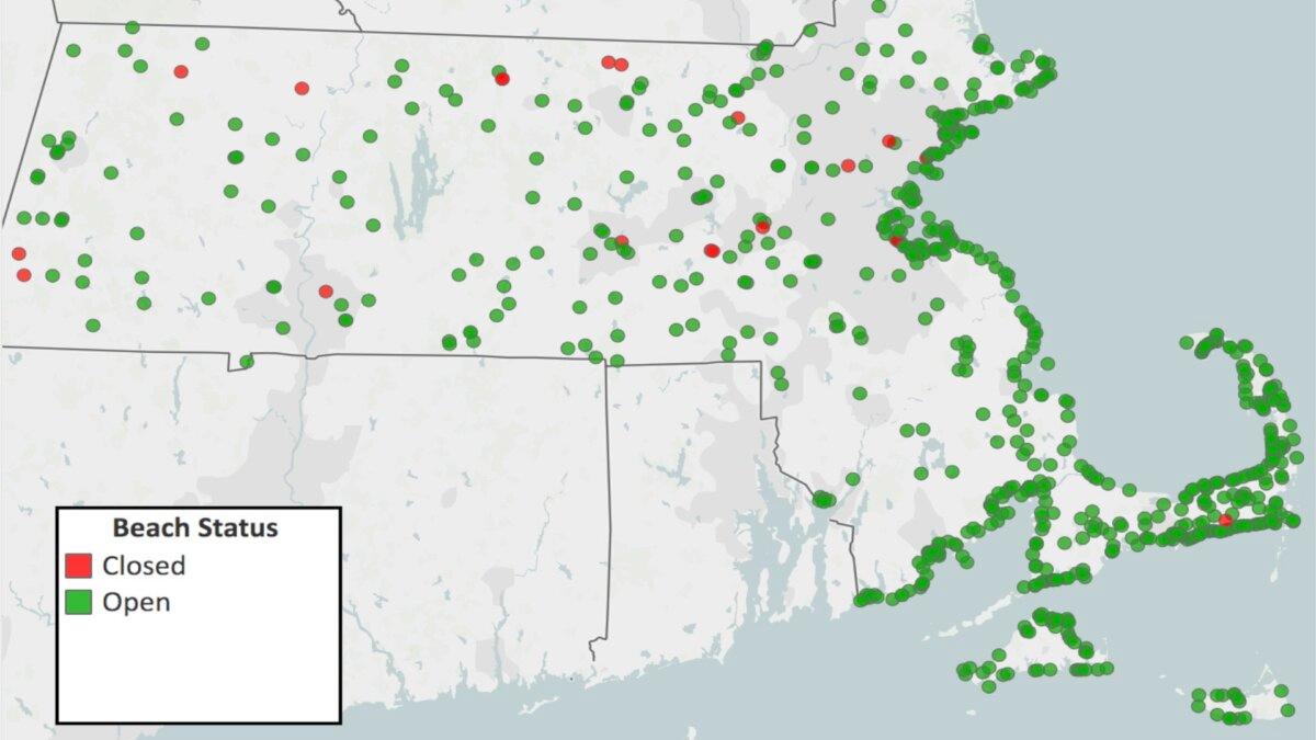 A map of the beach closures across Massachusetts. (Courtesy of Massachusetts Department of Public Health)