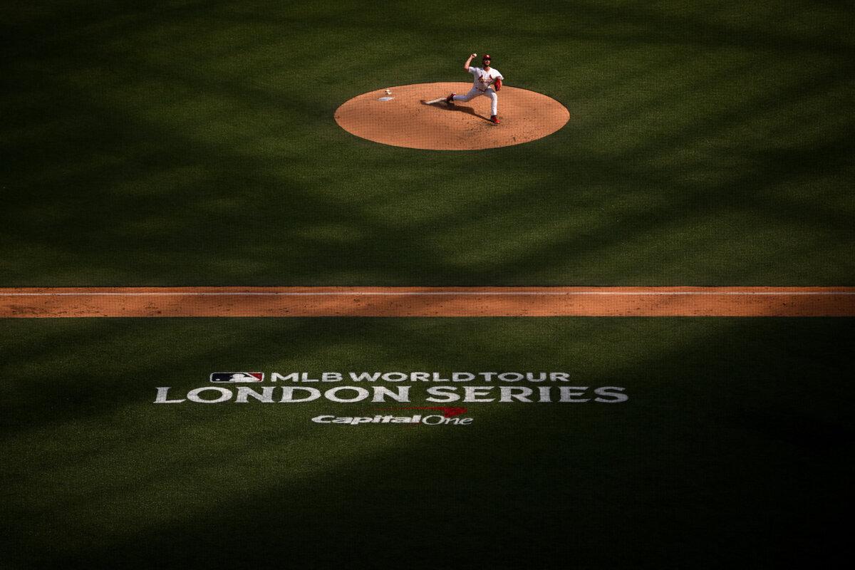 Jake Woodford #44 of the St. Louis Cardinals pitches during the MLB London Series match between the St. Louis Cardinals and Chicago Cubs at London Stadium on June 25, 2023. (Justin Setterfield/Getty Images)