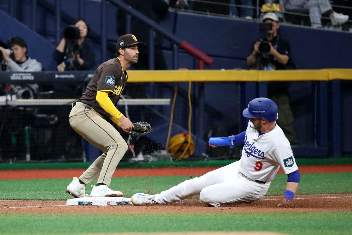 Gavin Lux, #9 of the Los Angeles Dodgers, slides safely into the third base in the 2nd inning during the 2024 Seoul Series game between San Diego Padres and Los Angeles Dodgers at Gocheok Sky Dome in Seoul, South Korea, on March 21, 2024. (Chung Sung-Jun/Getty Images)