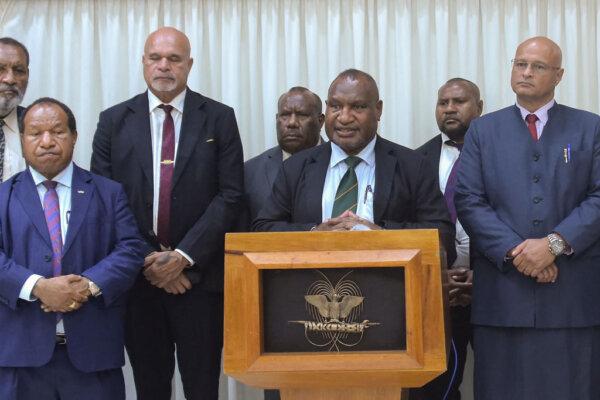 Papua New Guinea's Prime Minister James Marape (C) speaks during a press conference after a parliament session in Port Moresby on June 5, 2024. (Andrew Kutan/AFP via Getty Images)