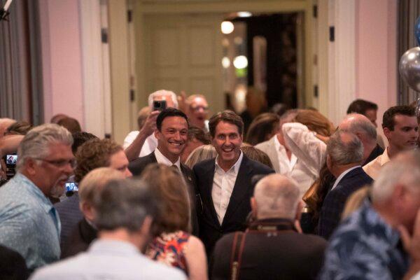U.S. Senate candidate for New Jersey Curtis Bashaw (R) with New Jersey Republican state Sen. Michael Testa (L) after Bashaw won the Republican primary, in Cape May, N.J., on June 4, 2024. (Madalina Vasiliu/The Epoch Times)
