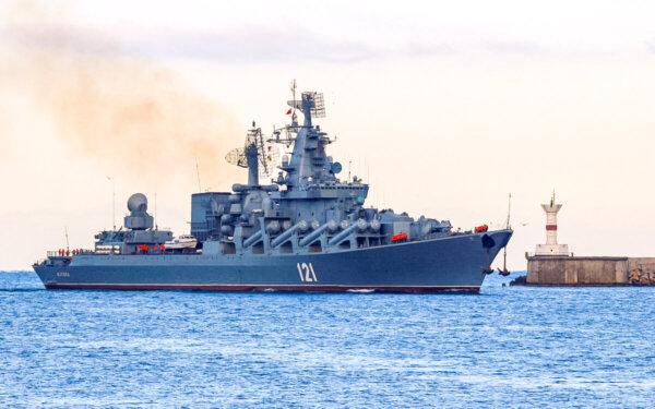 The Russian Navy's guided missile cruiser Moskva sails back into a harbor in Sevastopol, Crimea, on Nov. 16, 2021. (Alexey Pavlishak/Reuters)