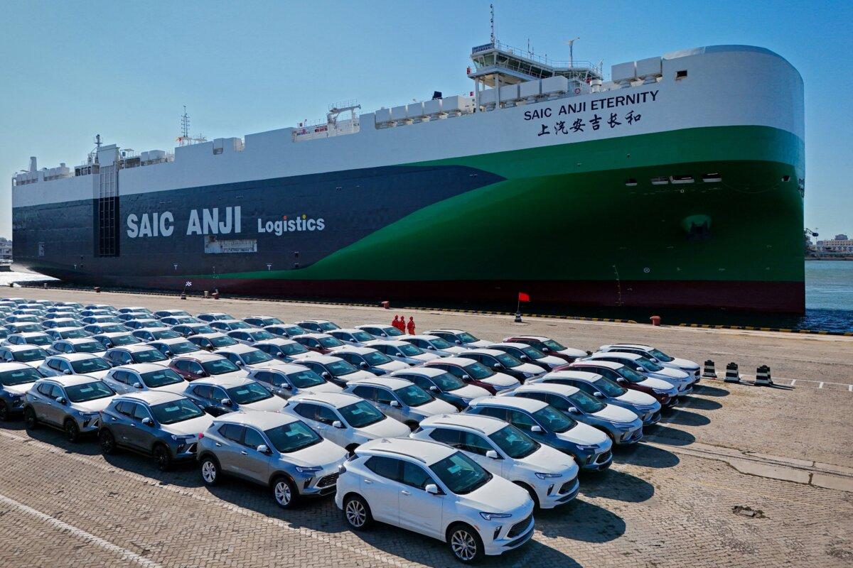 Cars for export wait to be loaded onto the SAIC Anji Eternity, a domestically manufactured vessel intended to export Chinese automobiles, at Yantai port, in eastern China's Shandong province on May 15, 2024. (STR/AFP via Getty Images)