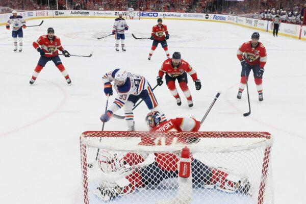 Sergei Bobrovsky (72) of the Florida Panthers makes a save against Ryan Nugent-Hopkins (93) of the Edmonton Oilers in Game One of the 2024 Stanley Cup Final in Sunrise, Florida, on June 8, 2024. (Bruce Bennett/Getty Images)