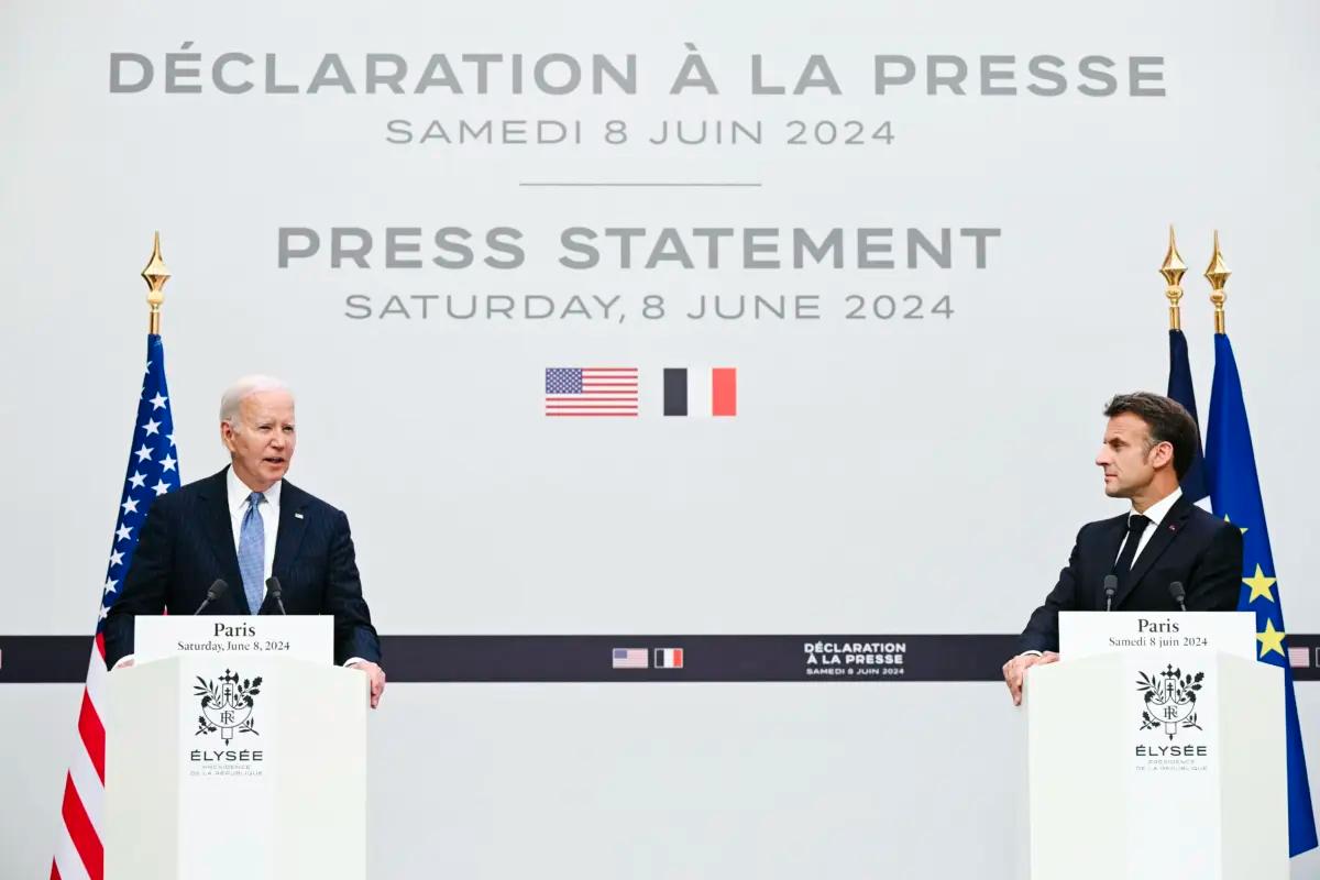 U.S. President Joe Biden (L) and French President Emmanuel Macron address the media during press statements following a bilateral meeting as part of President Biden's state visit to France, at the Presidential Elysee Palace in Paris on June 8, 2024. (Saul Loeb/AFP via Getty Images)