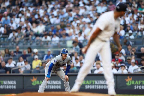 Freddie Freeman (5) of the Los Angeles Dodgers looks on at first base against the New York Yankees during the first inning in New York City on June 9, 2024. (Luke Hales/Getty Images)