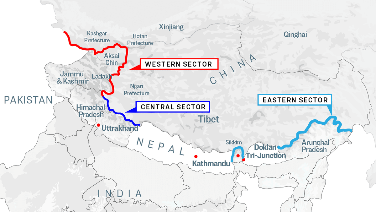 A graphic showing the three sectors of the Indo-China boundary, according to the Indian perception of the border. (Illustration by The Epoch Times, Shutterstock)