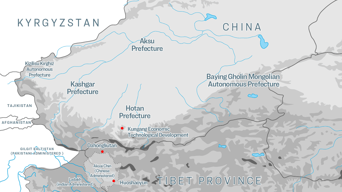A map (not to scale) shows the Chinese mining sites (red dots) Dahongliutan and Huoshaoyun, as well as Kungang Economic and Technological Development Zone, an industrial site for processing and refining rare earth metals, in Aksai Chin, a region claimed by India. (Illustration by The Epoch Times, Shutterstock)