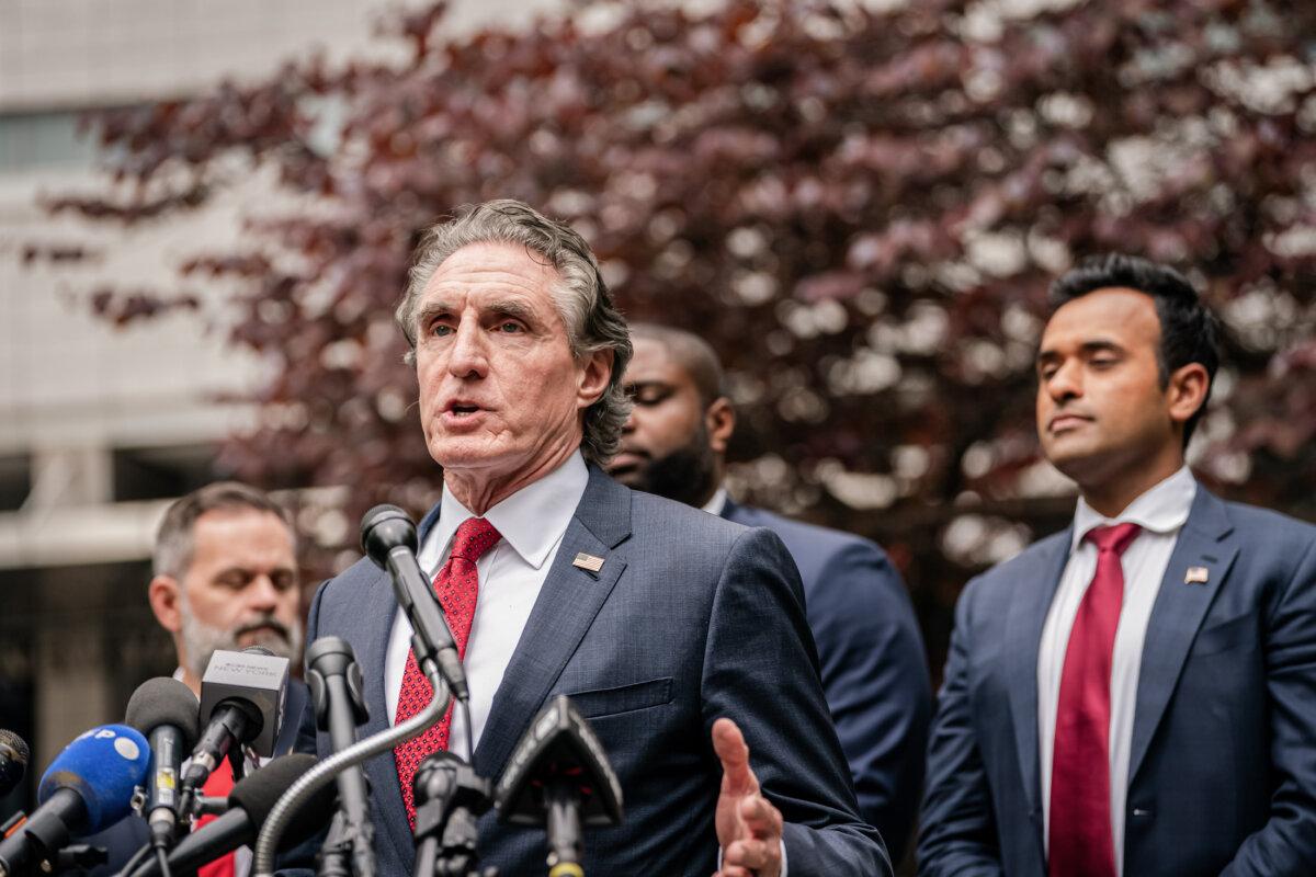 North Dakota Gov. Doug Burgum addresses the media outside of Manhattan Criminal Court, on May 14, 2024. (David Dee Delgado/Getty Images)