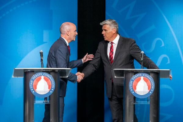 Incumbent Gov. Spencer Cox, left, shakes hands with Utah Rep. Phil Lyman after Utah's gubernatorial GOP primary debate in Salt Lake City on June 11, 2024. (Isaac Hale/The Deseret News via AP, Pool)