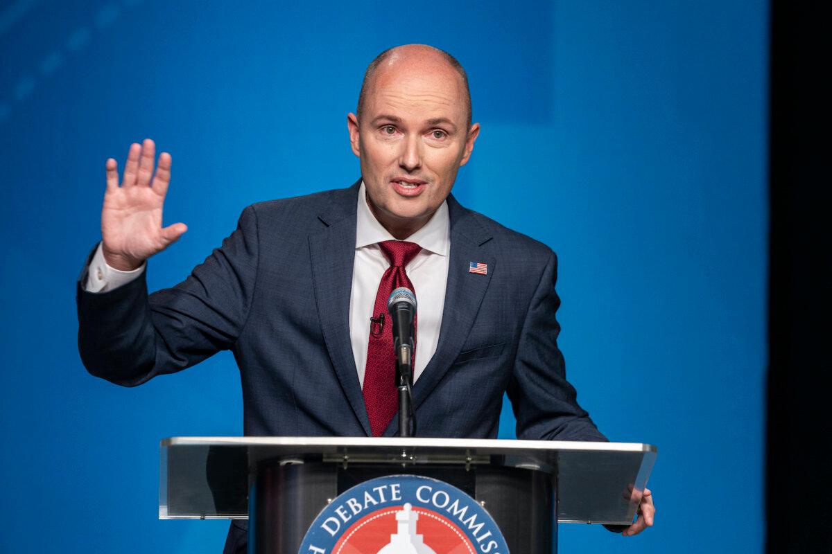 Incumbent Gov. Spencer Cox speaks during Utah's gubernatorial GOP primary debate in Salt Lake City on June 11, 2024. (Isaac Hale/The Deseret News via AP, Pool)