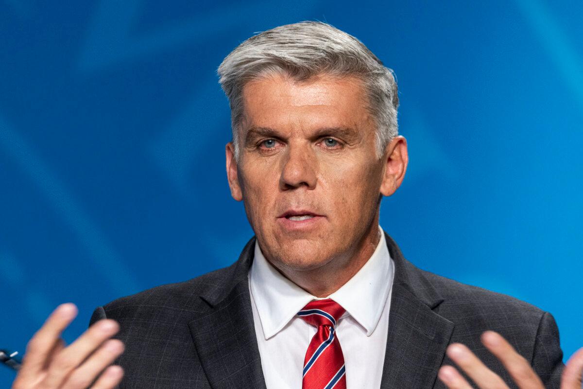 Utah Rep. Phil Lyman speaks during Utah's gubernatorial GOP primary debate against incumbent Gov. Spencer Cox at the Eccles Broadcast Center in Salt Lake City on June 11, 2024. (Isaac Hale/The Deseret News via AP, Pool)