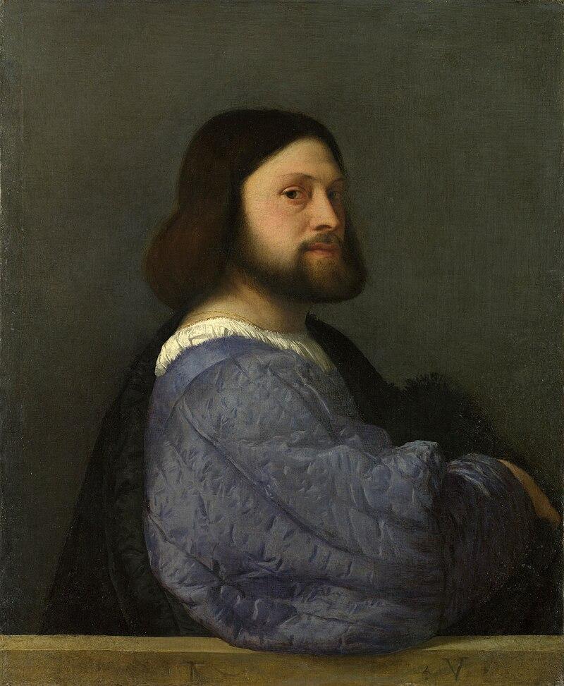 提香的作品《穿著絎縫袖子的男人》(註)(A Man With a Quilted Sleeve),1510年創作。長期以來,大家都認為肖像描繪的是呂多維科‧阿里奧斯托(Ludovico Ariosto)。阿里奧斯托的史詩帶給韓德爾創作歌劇的靈感。(公有領域)